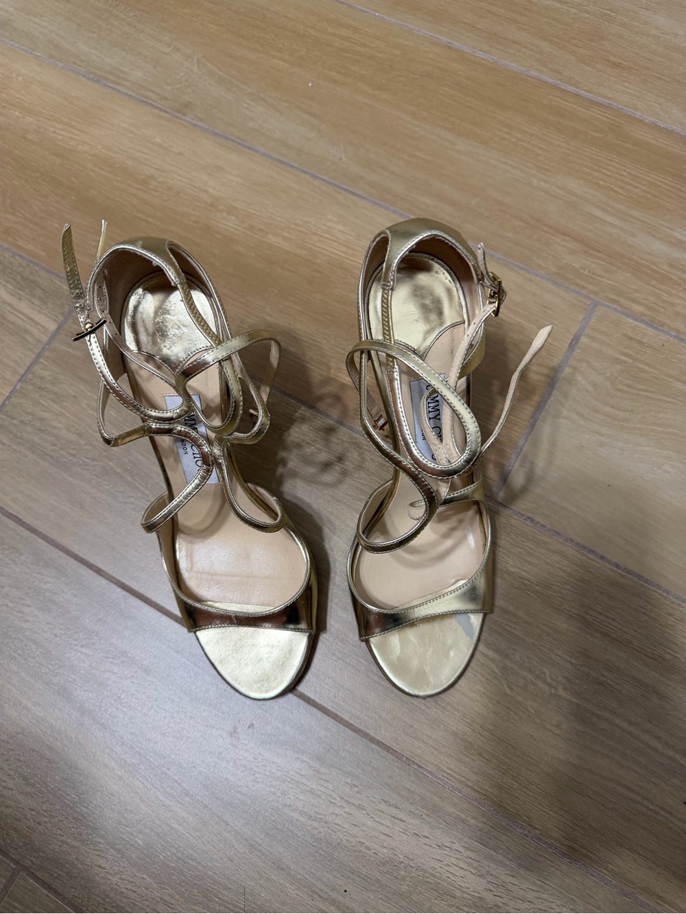 Jimmy Choi Gold Strappy High 4”Heel Sandals - Excellent Condition